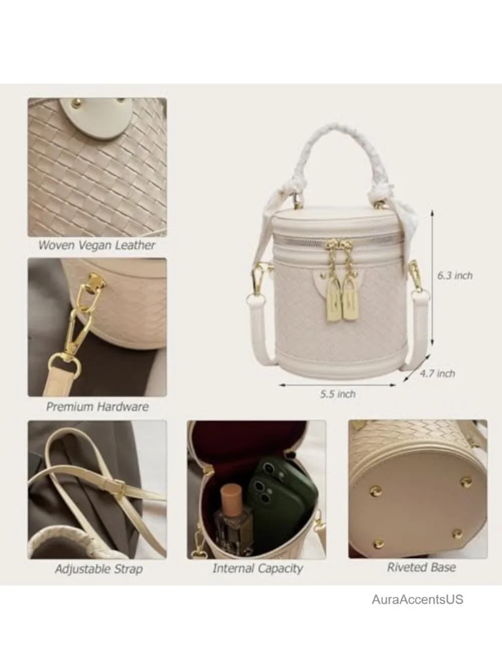 Mini Bucket Crossbody Bag Vegan Leather Small Round Handbag Purses